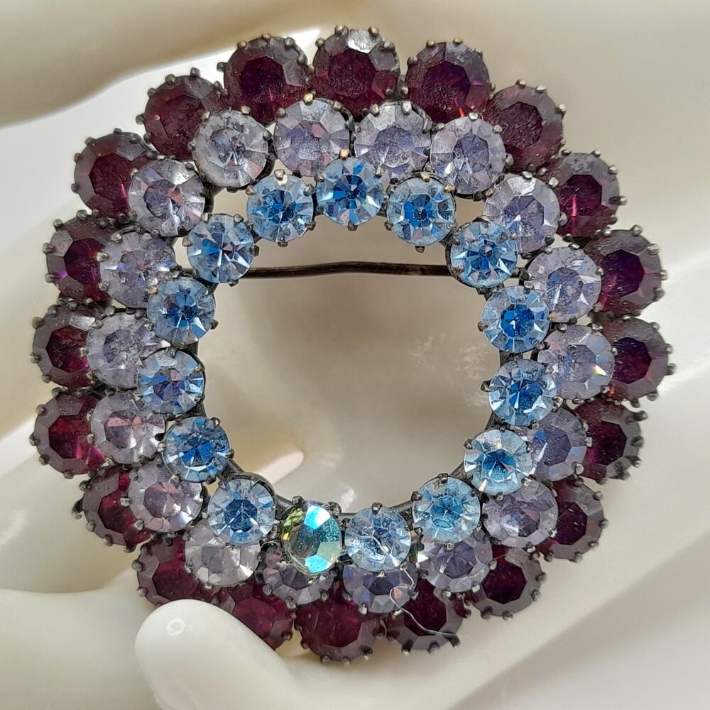 Vintage Austria Rhinestone Brooch 1940s 3 Row Domed Multicolor 2.25 Inch